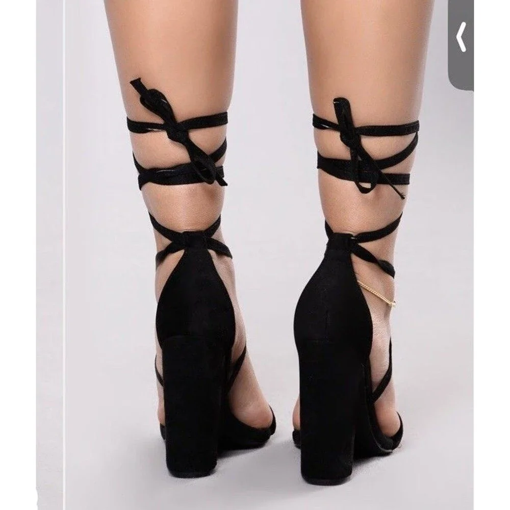 Fashion Nova Strappy Lace Up Block Heels Black Party Club Shoes Size 8